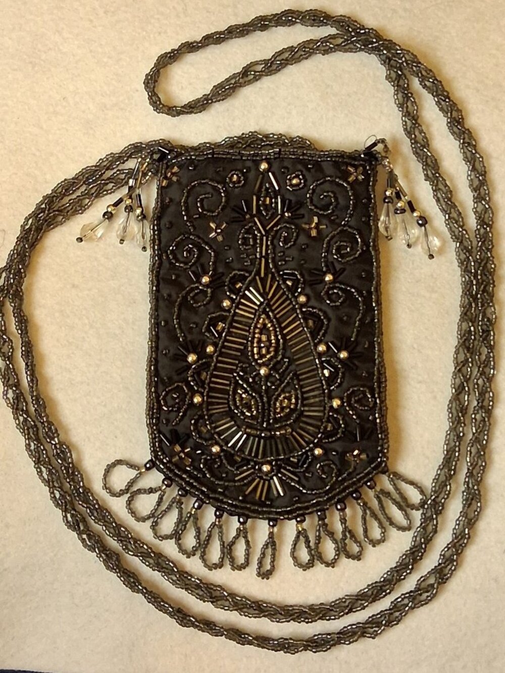Current USA Vintage Beaded Crossbody Pouch Bag Black Gunmetal Evening Boho